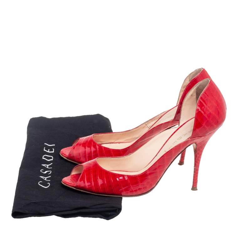 Pre Owned Casadei Red Croc Embossed Leather Peep Toe Platform Pumps Size 39