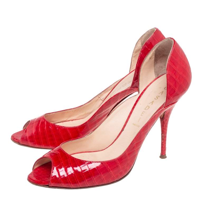 Pre Owned Casadei Red Croc Embossed Leather Peep Toe Platform Pumps Size 39