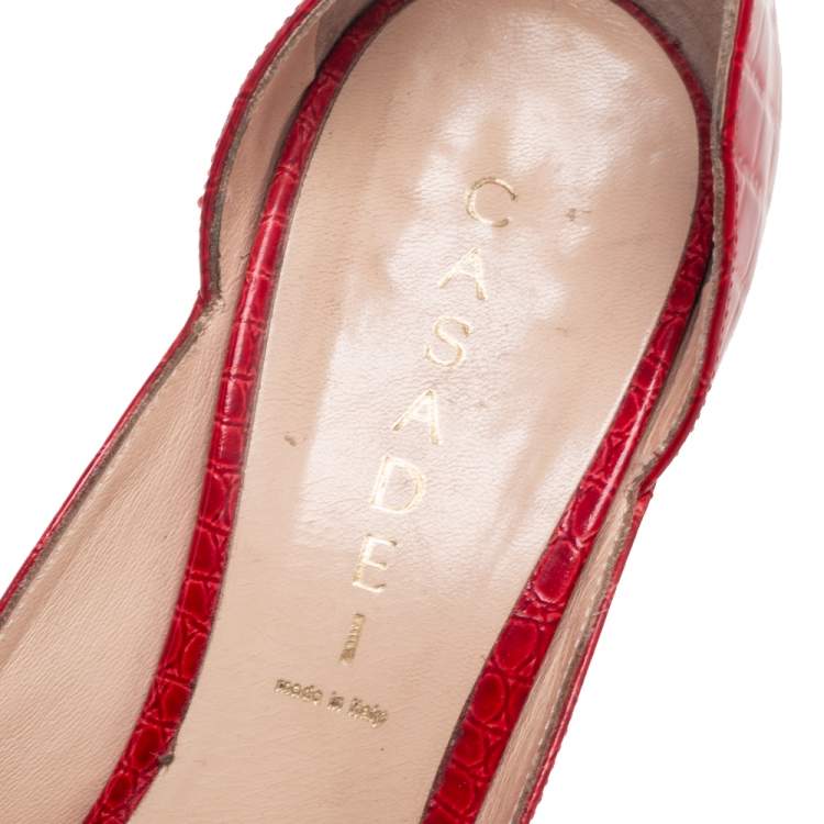 Pre Owned Casadei Red Croc Embossed Leather Peep Toe Platform Pumps Size 39