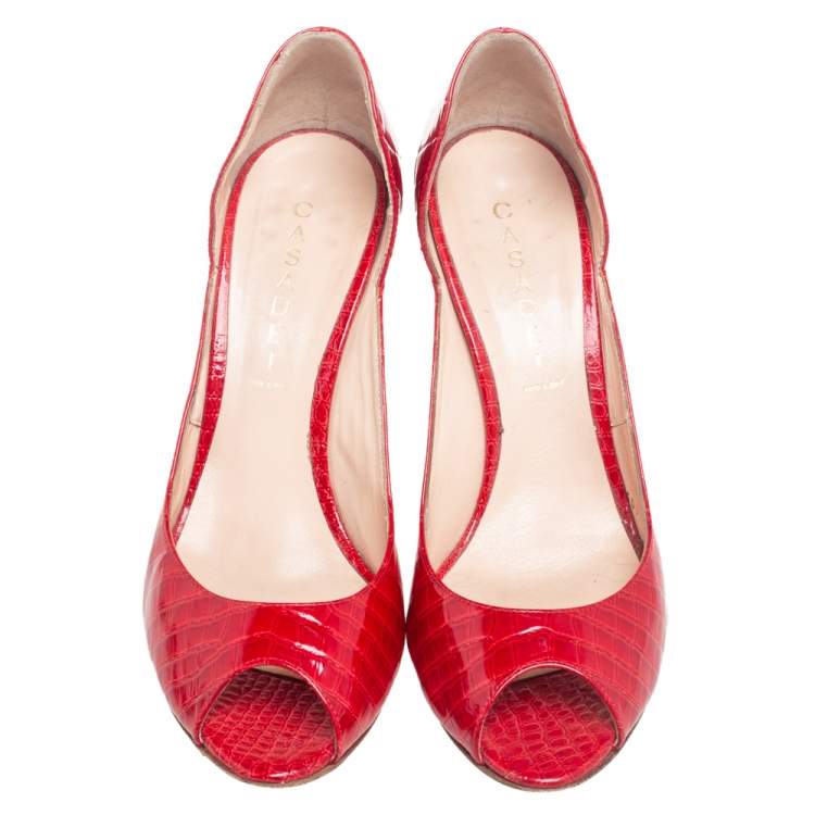 Pre Owned Casadei Red Croc Embossed Leather Peep Toe Platform Pumps Size 39