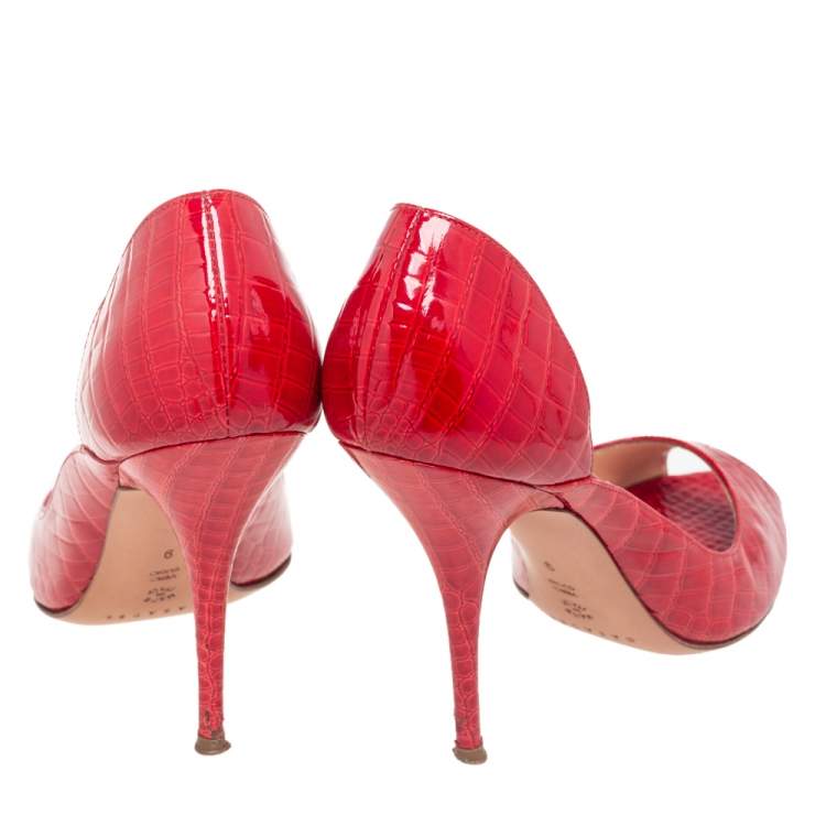 Pre Owned Casadei Red Croc Embossed Leather Peep Toe Platform Pumps Size 39