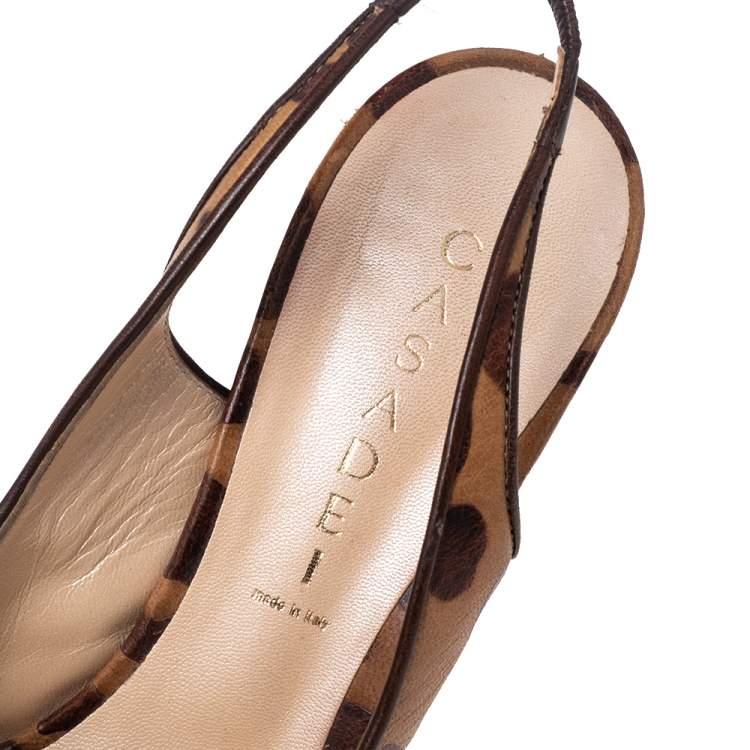 Pre Owned Casadei Brown/Beige Leopard Print Leather Peep Toe Platform Slingback Sandals Size 40