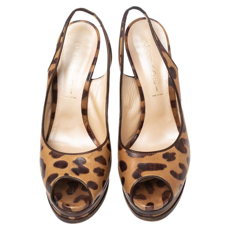 Pre Owned Casadei Brown/Beige Leopard Print Leather Peep Toe Platform Slingback Sandals Size 40