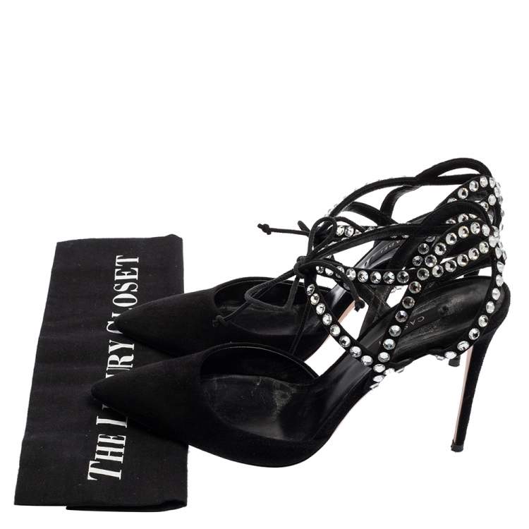 Pre Owned Casadei Black Suede Crystals Ankle Wrap Pumps Size 39