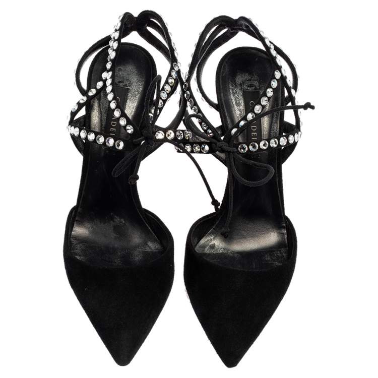 Pre Owned Casadei Black Suede Crystals Ankle Wrap Pumps Size 39