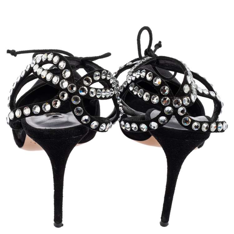 Pre Owned Casadei Black Suede Crystals Ankle Wrap Pumps Size 39
