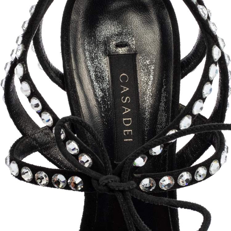 Pre Owned Casadei Black Suede Crystals Ankle Wrap Pumps Size 39