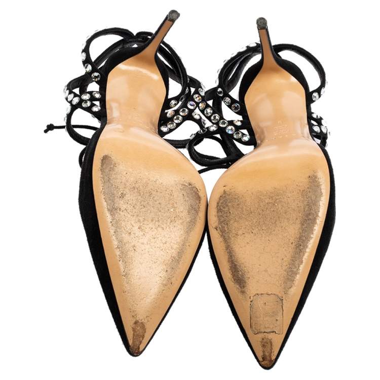 Pre Owned Casadei Black Suede Crystals Ankle Wrap Pumps Size 39