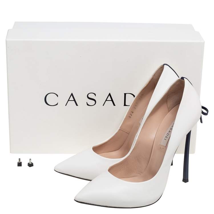 Pre Owned Casadei White Leather Blade Bow Pumps Size 36.5
