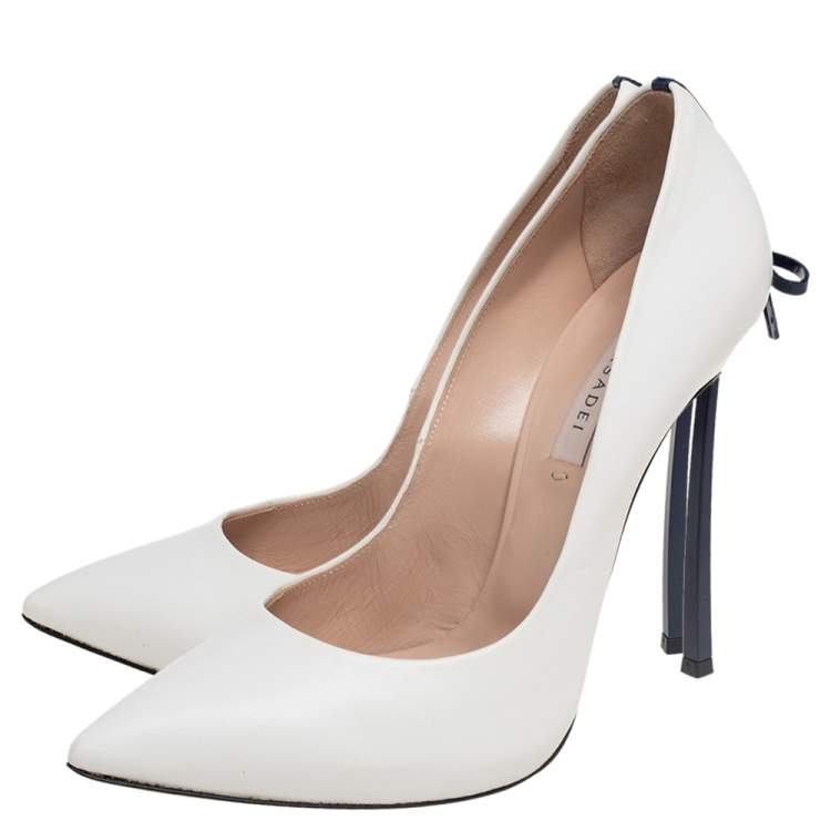 Pre Owned Casadei White Leather Blade Bow Pumps Size 36.5