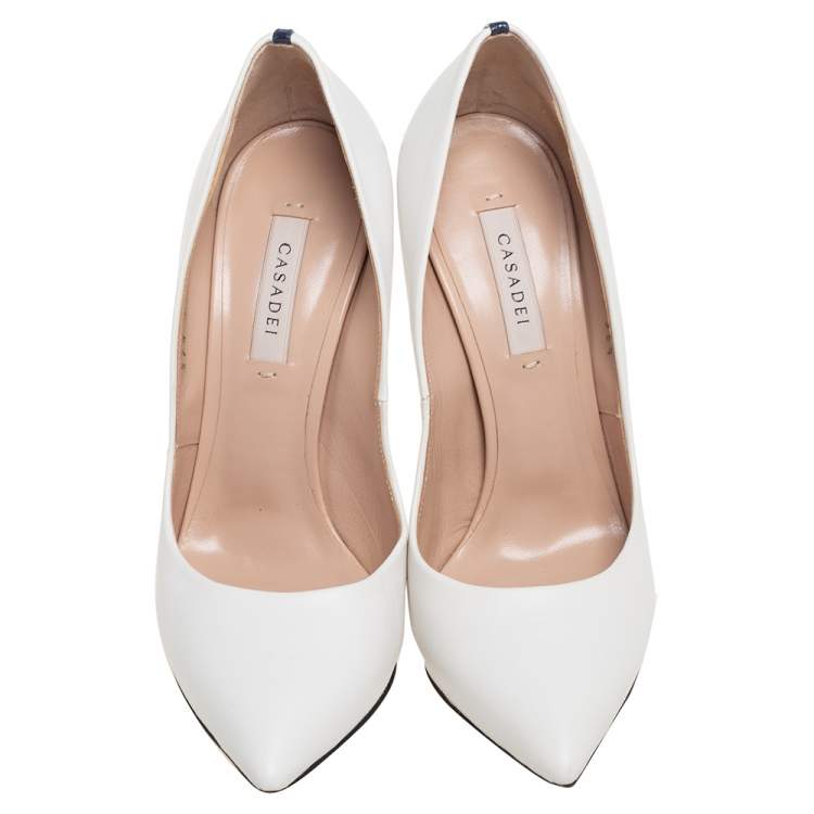 Pre Owned Casadei White Leather Blade Bow Pumps Size 36.5