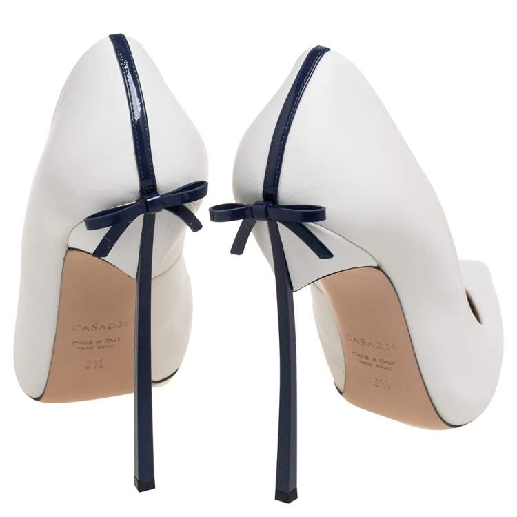 Pre Owned Casadei White Leather Blade Bow Pumps Size 36.5