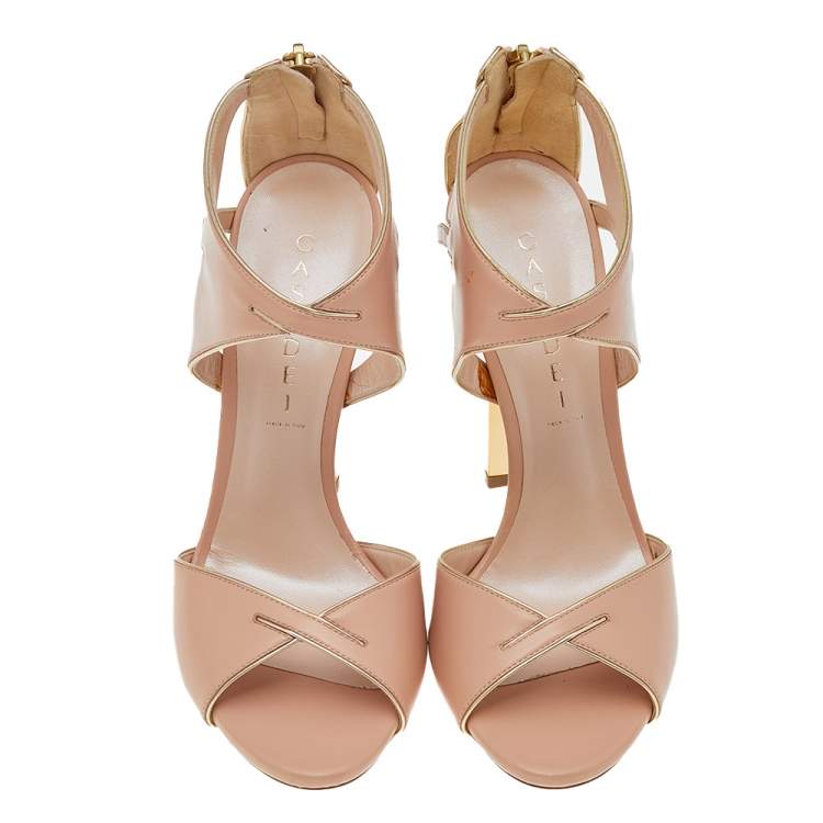 Pre Owned Casadei Beige/Gold Leather Sandals Size 38