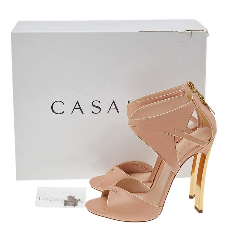 Pre Owned Casadei Beige/Gold Leather Sandals Size 38