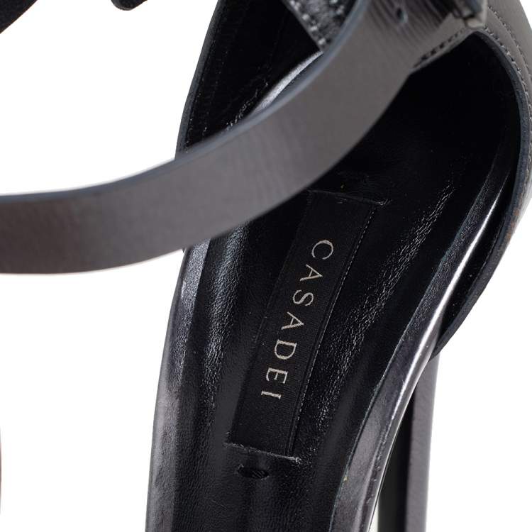 Pre Owned Casadei Metallic Grey Leather T-Strap Platform Sandals Size 40