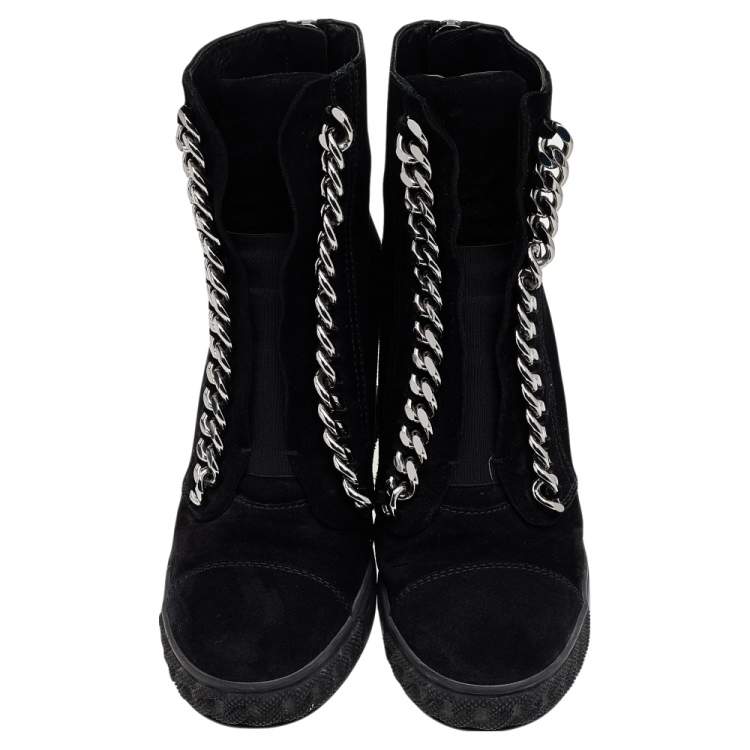 Pre Owned Casadei Black Suede Chain Detail Wedge High Top Sneakers Size 39