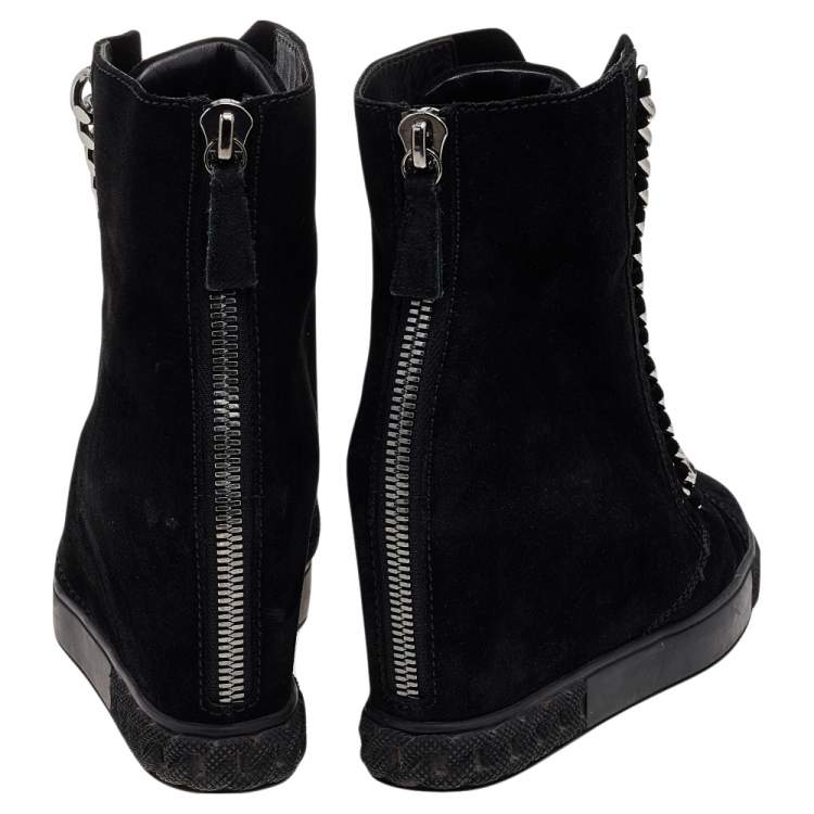 Pre Owned Casadei Black Suede Chain Detail Wedge High Top Sneakers Size 39