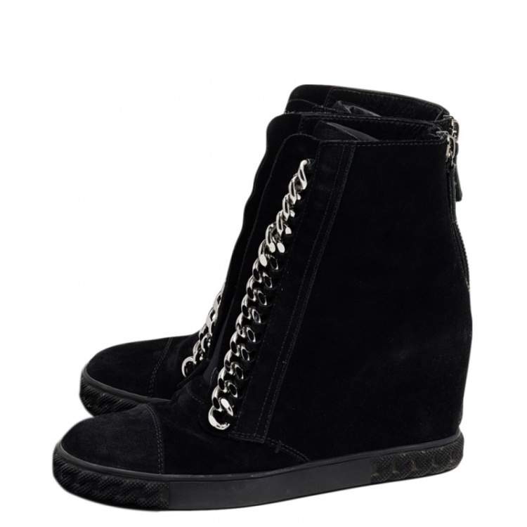 Pre Owned Casadei Black Suede Chain Detail Wedge High Top Sneakers Size 39