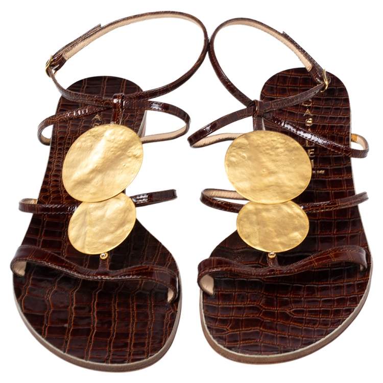 Pre Owned Casadei Brown Croc Embossed Leather Strappy Flat Sandals Size 38.5
