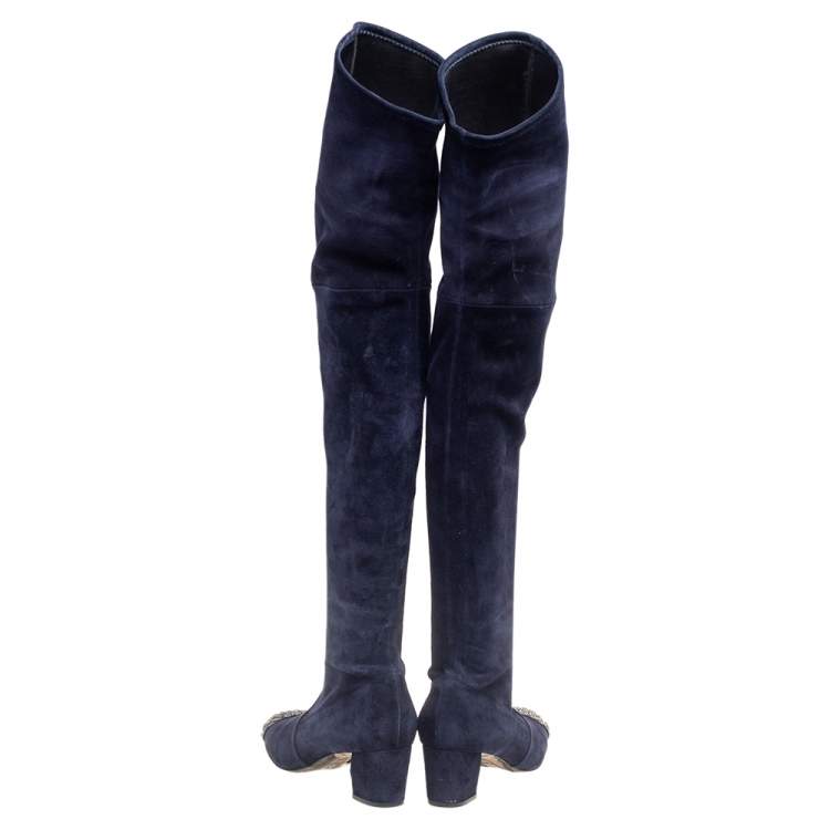 مملوكة مسبقًا Casadei Navy Blue Suede Embellished Metal Toe Cap Knee-Length Boots Size 38