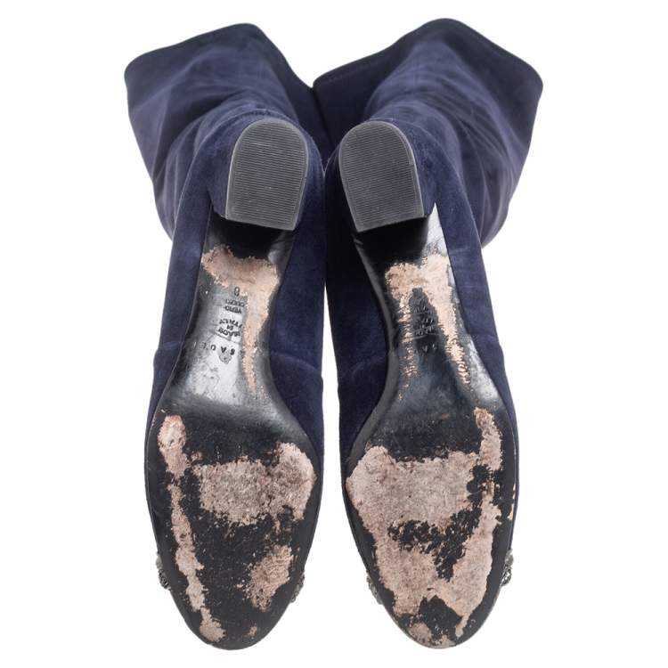 مملوكة مسبقًا Casadei Navy Blue Suede Embellished Metal Toe Cap Knee-Length Boots Size 38