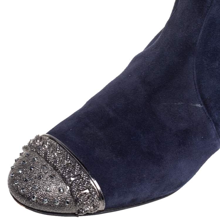 مملوكة مسبقًا Casadei Navy Blue Suede Embellished Metal Toe Cap Knee-Length Boots Size 38