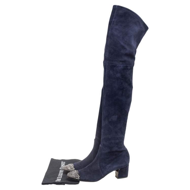 مملوكة مسبقًا Casadei Navy Blue Suede Embellished Metal Toe Cap Knee-Length Boots Size 38