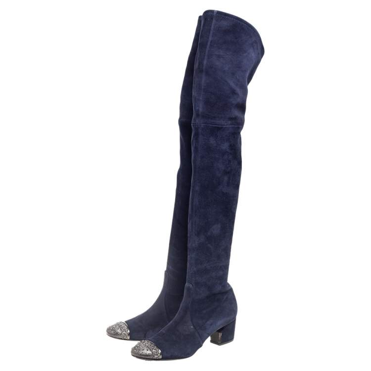 مملوكة مسبقًا Casadei Navy Blue Suede Embellished Metal Toe Cap Knee-Length Boots Size 38