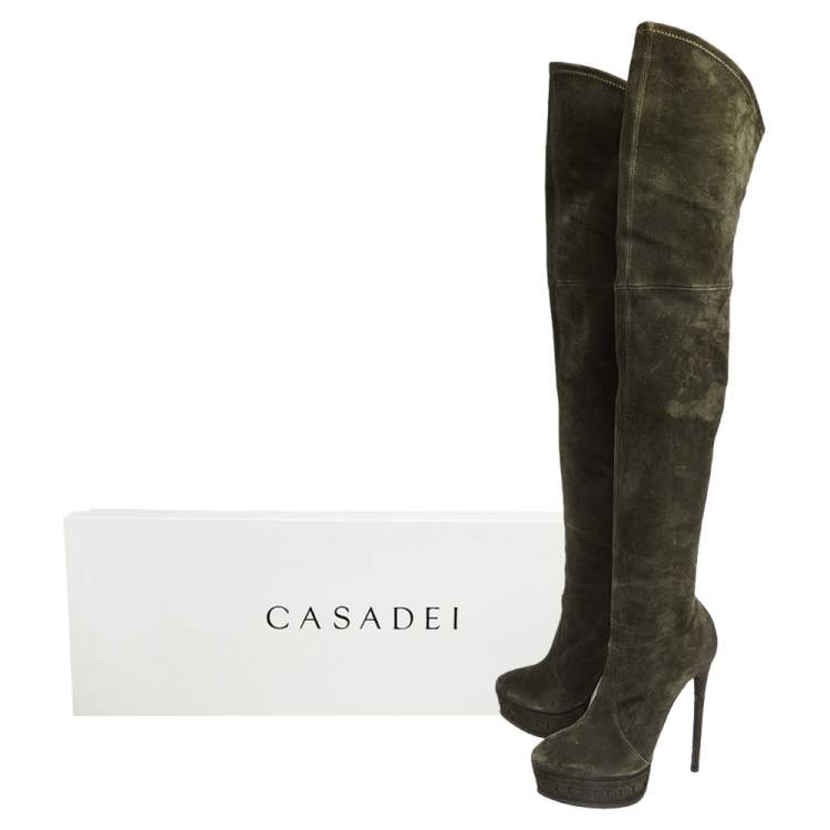 Pre Owned Casadei Dark Green Suede Over The Knee  Boots Size 38.5