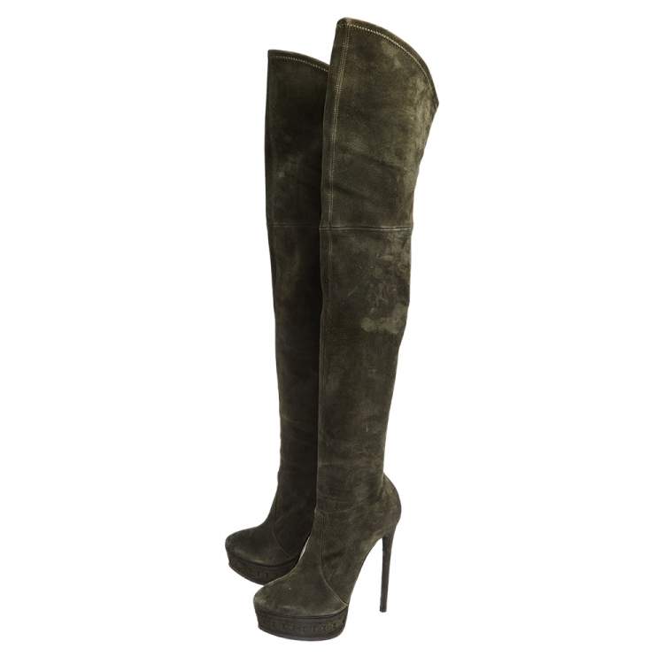 Pre Owned Casadei Dark Green Suede Over The Knee  Boots Size 38.5