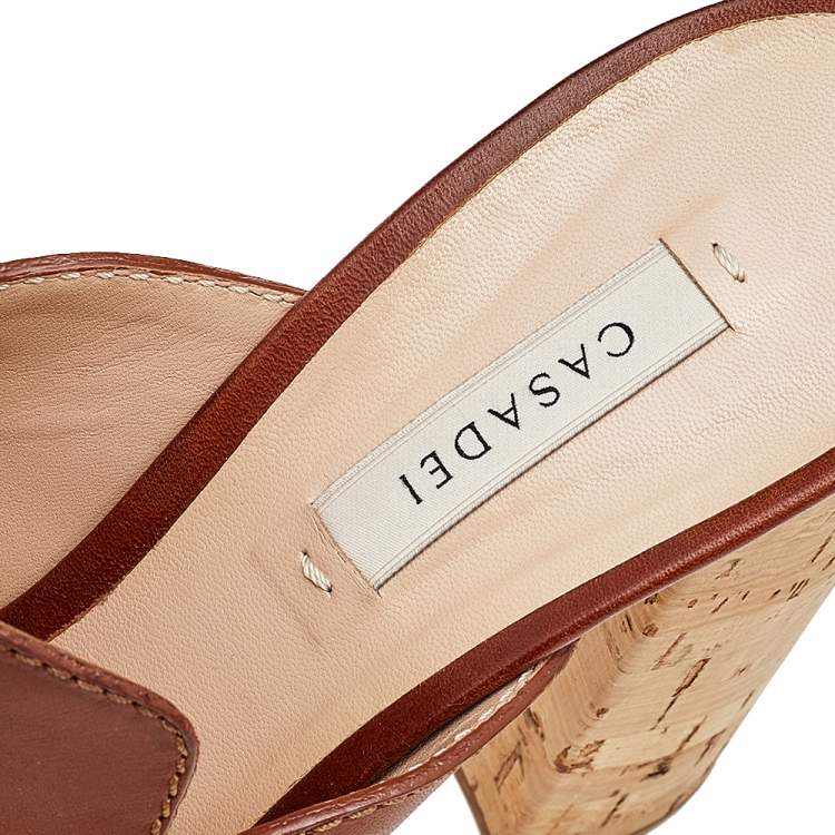 Pre Owned Casadei Brown Leather Tassel Platform Slide Sandals Size 40.5