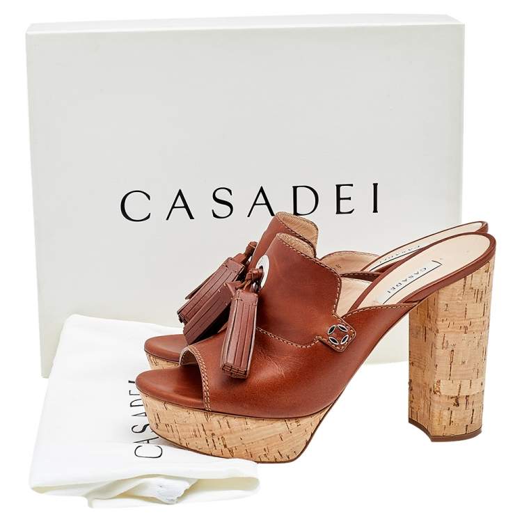 Pre Owned Casadei Brown Leather Tassel Platform Slide Sandals Size 40.5