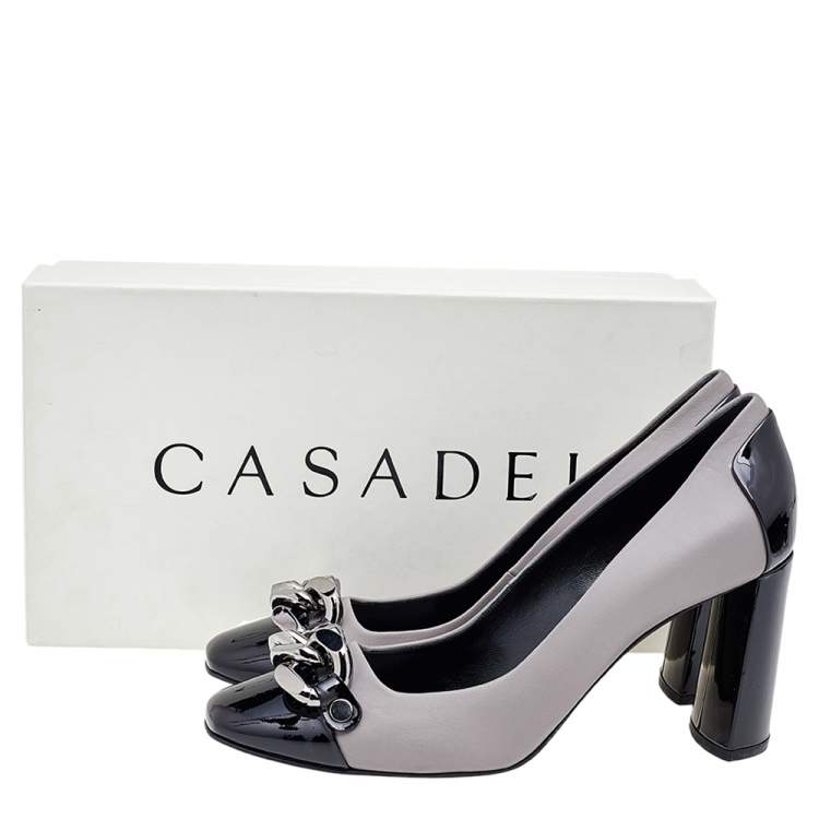 مملوكة مسبقًا Casadei Black/Grey Patent and Leather Square Toe Pumps Size 38