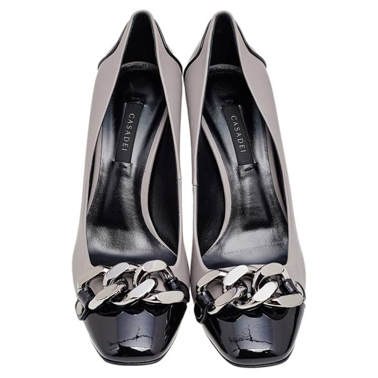 مملوكة مسبقًا Casadei Black/Grey Patent and Leather Square Toe Pumps Size 38