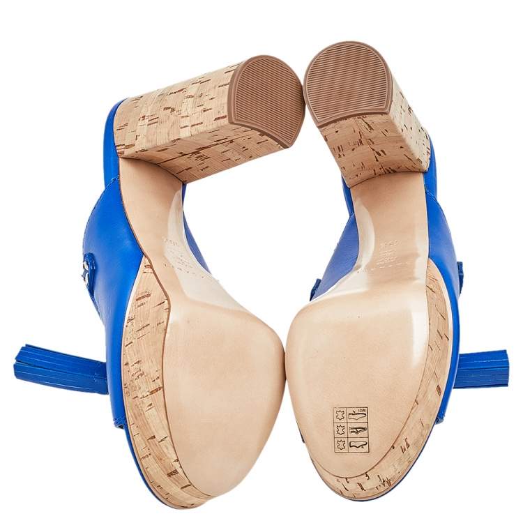 Pre Owned Casadei Blue Leather Tassel Platform Slide Sandals Size 40.5