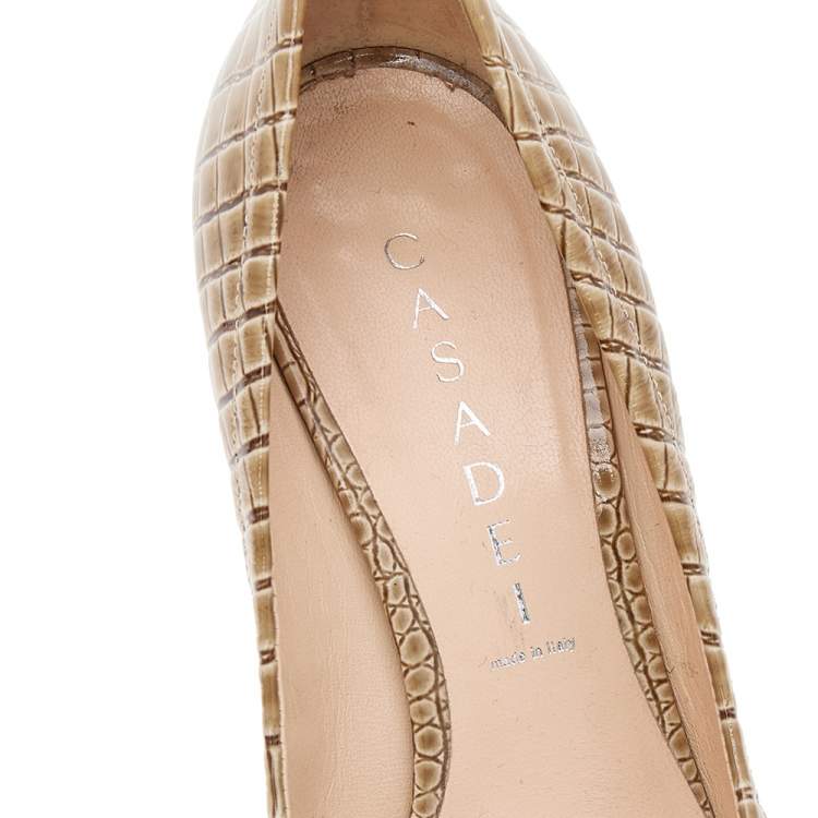 Pre Owned Casadei Olive Croc Embossed Leather Pumps Size 36.5