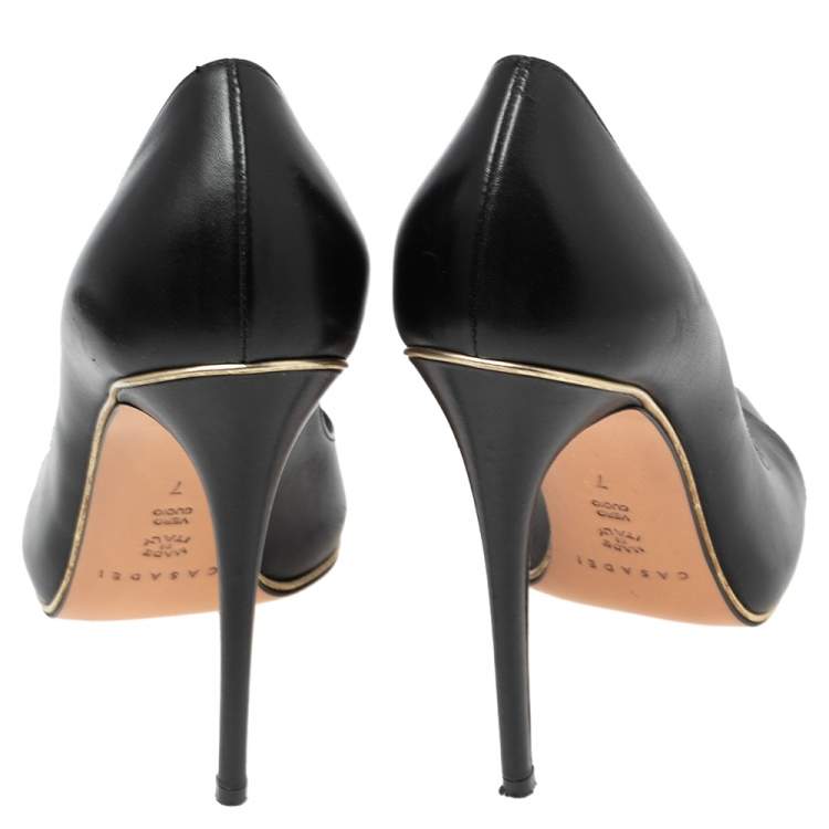 مملوكة مسبقًا Casadei Black Leather Crisscross Peep-Toe Pumps Size 37