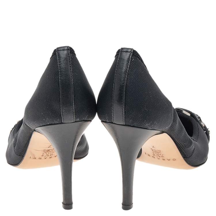 Pre Owned Casadei Black Mesh And Leather Buckle Detail Pumps Size 37