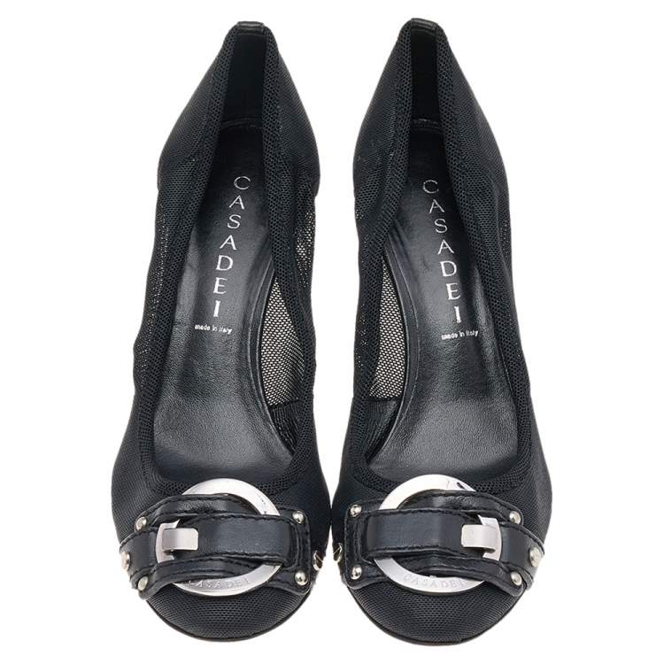 Pre Owned Casadei Black Mesh And Leather Buckle Detail Pumps Size 37