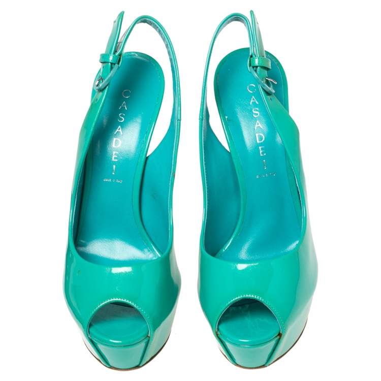 Pre Owned Casadei Aqua Green Patent Leather Peep-Toe Slingback Pumps Size 39