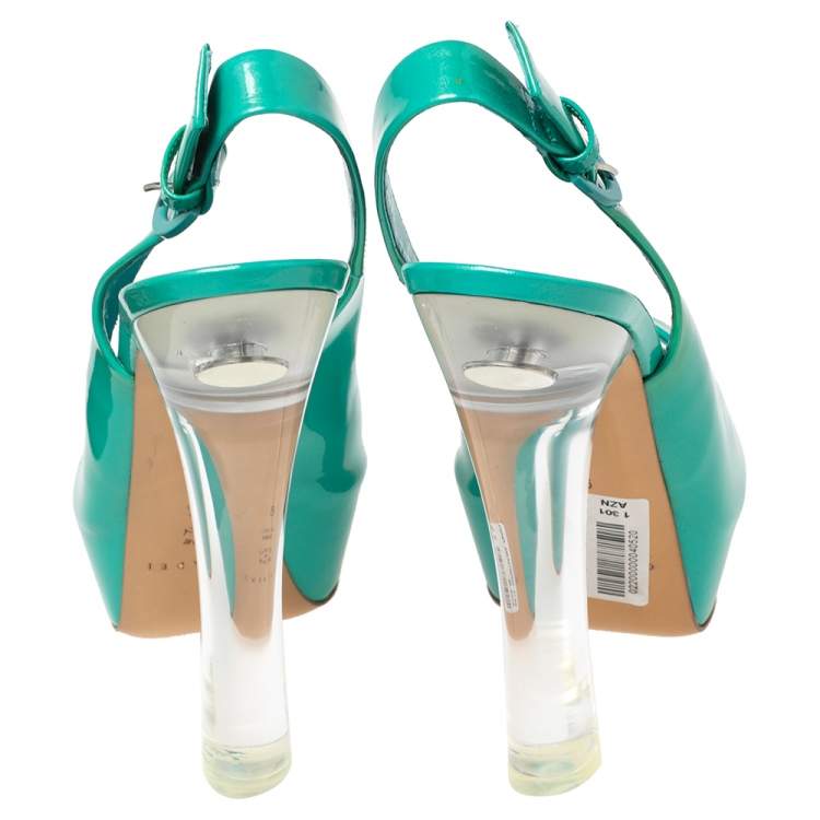 Pre Owned Casadei Aqua Green Patent Leather Peep-Toe Slingback Pumps Size 39