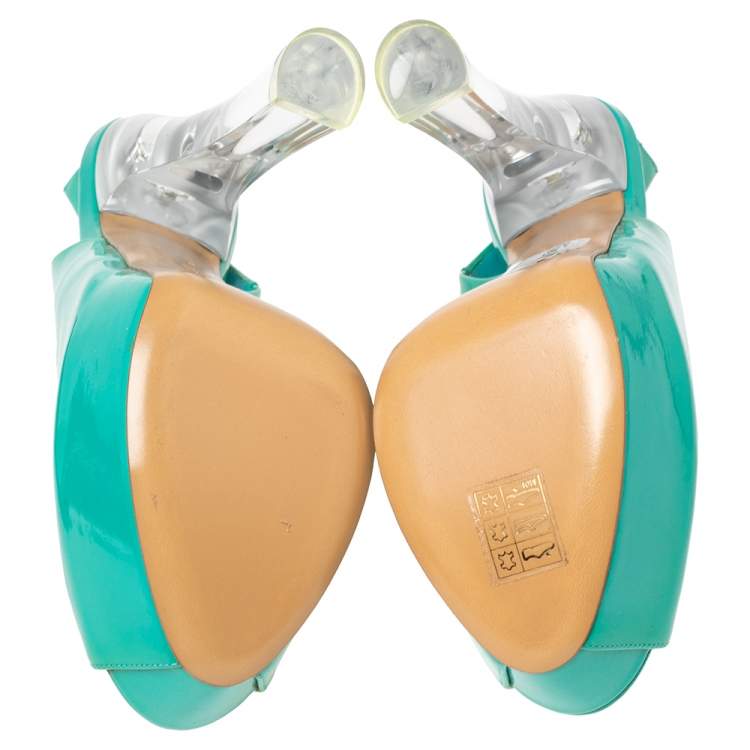 Pre Owned Casadei Aqua Green Patent Leather Peep-Toe Slingback Pumps Size 39