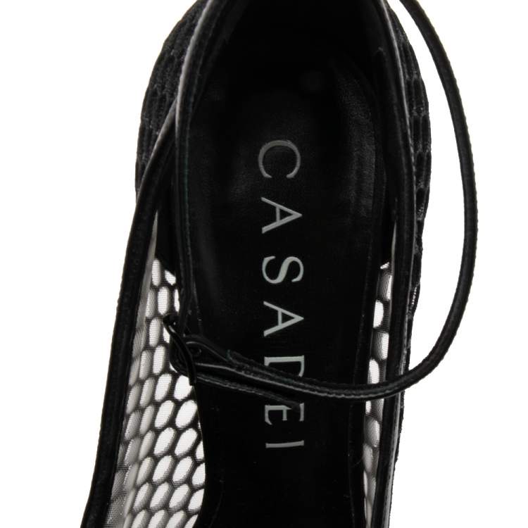 مملوكة مسبقًا Casadei Black Leather and Mesh Laser Cut Ankle-Strap Pumps Size 38