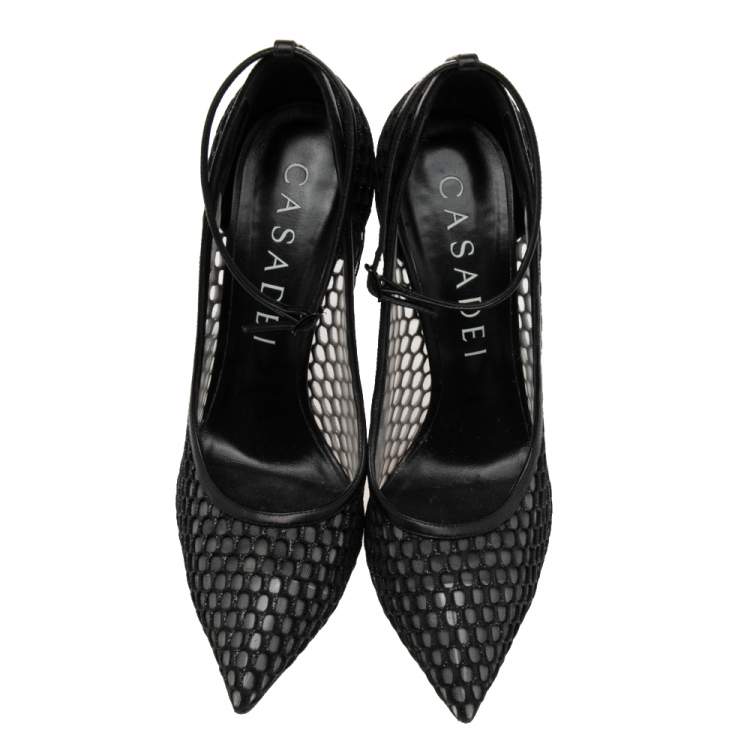 مملوكة مسبقًا Casadei Black Leather and Mesh Laser Cut Ankle-Strap Pumps Size 38