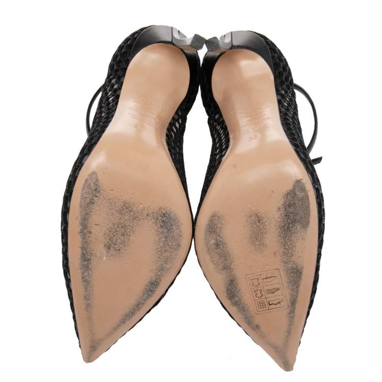مملوكة مسبقًا Casadei Black Leather and Mesh Laser Cut Ankle-Strap Pumps Size 38
