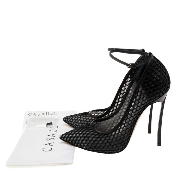 مملوكة مسبقًا Casadei Black Leather and Mesh Laser Cut Ankle-Strap Pumps Size 38