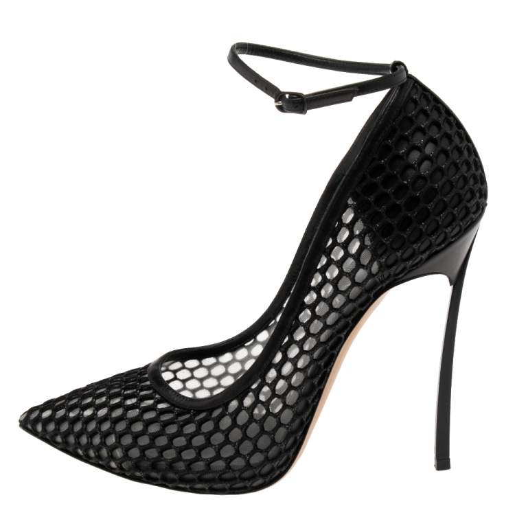مملوكة مسبقًا Casadei Black Leather and Mesh Laser Cut Ankle-Strap Pumps Size 38