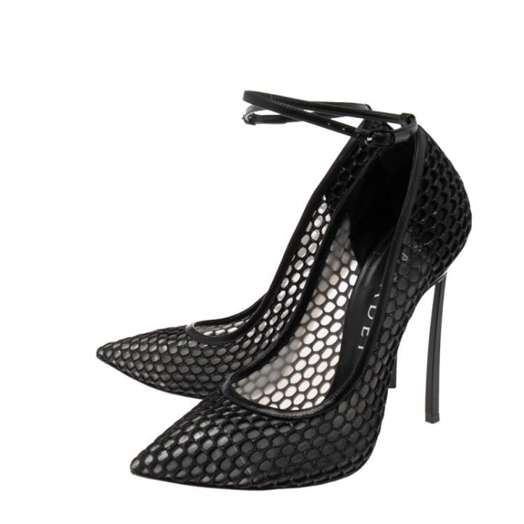 مملوكة مسبقًا Casadei Black Leather and Mesh Laser Cut Ankle-Strap Pumps Size 38