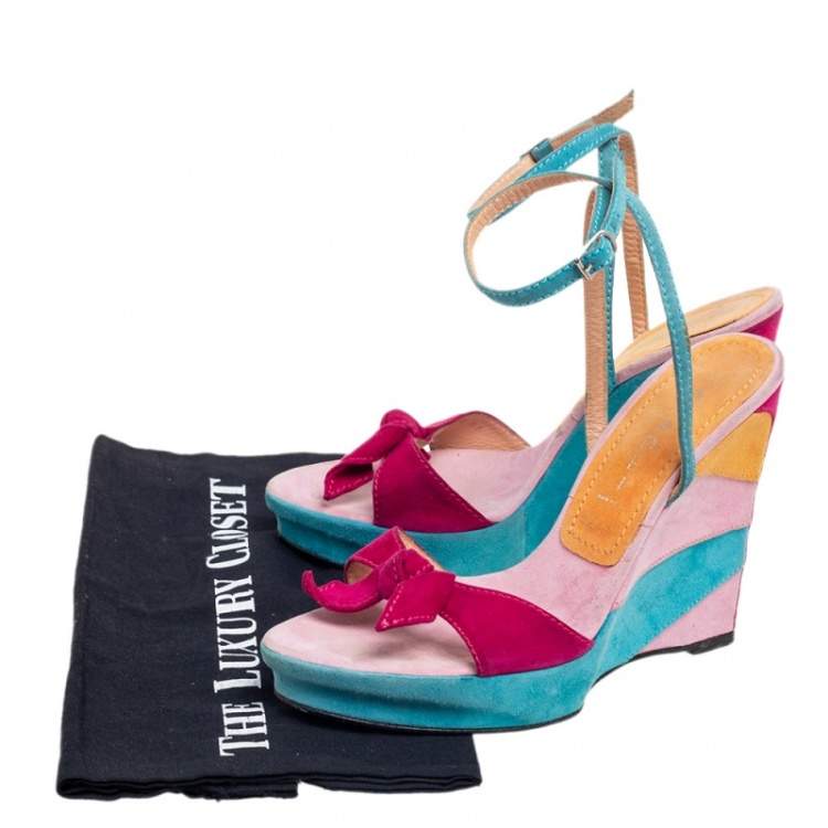 Pre Owned Casadei Multicolor Suede Bow Ankle-Strap Wedge Sandals Size 37 