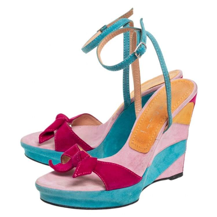 Pre Owned Casadei Multicolor Suede Bow Ankle-Strap Wedge Sandals Size 37 